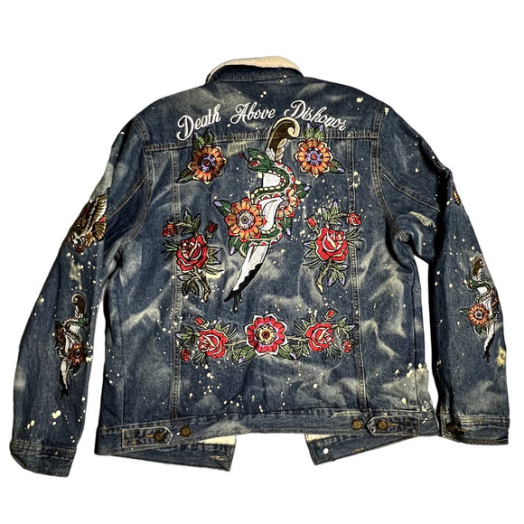 Reason Denim "Death Before Dishonor" Sherpa Trucker Button Jacket Distressed L - Picture 2 of 7